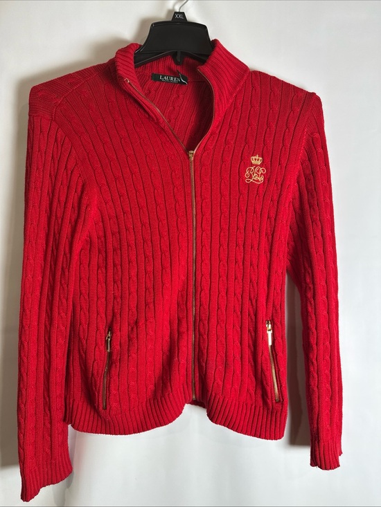 Ralph Lauren Sweaters - Ralph Lauren Red Cable-Knit Zip Cardigan with Crest